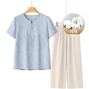 中老年人女妈妈夏装夏天短袖上衣奶奶衣服短袖套装老太太全棉T恤