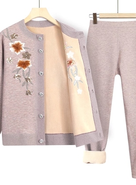 妈妈保暖内衣套装加绒加厚中老年人秋冬女衣服奶奶冬装红色开衫