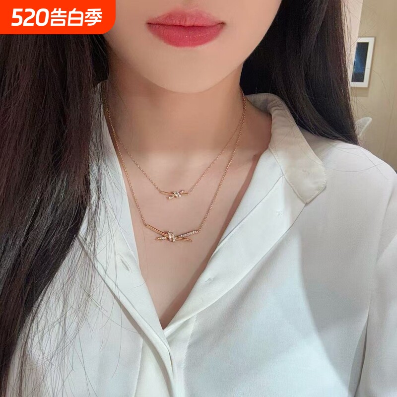 无压力顶级品质镶钻绳结项链女交叉蝴蝶结锁骨链女谷爱凌925银玫