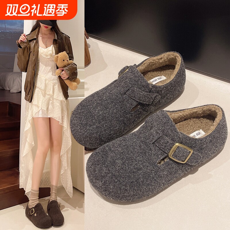 全包灰色勃肯鞋女鞋子2025秋冬新款爆款一脚蹬懒人鞋加绒博肯棉鞋