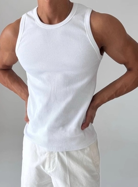 白色美式健身背心男款夏季坑条纹弹力修身无袖t恤透气显肌肉上衣