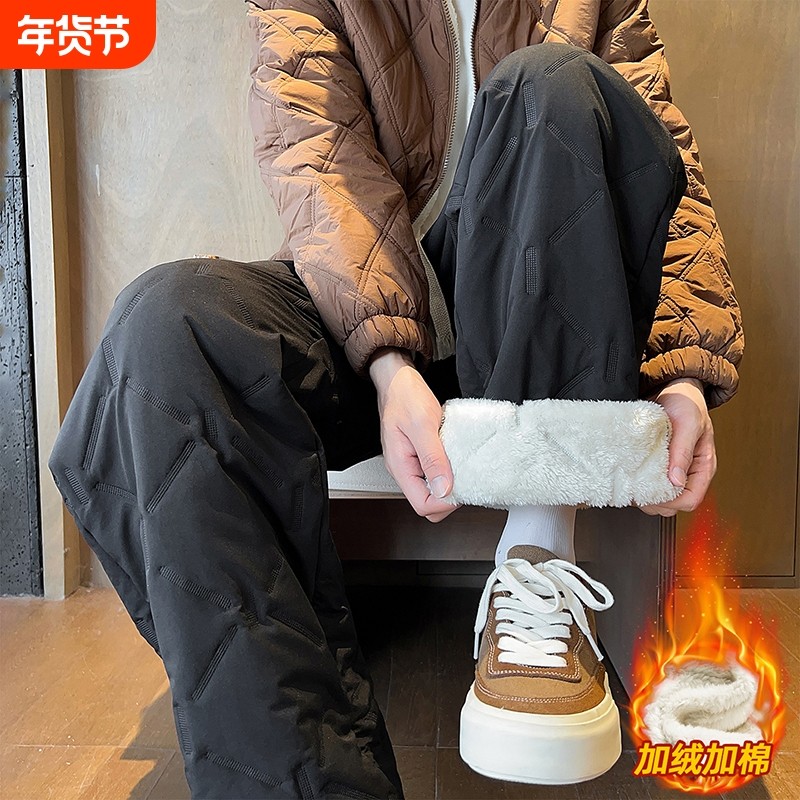 加绒加厚羽绒棉裤男士冬季保暖羊羔绒裤子宽松冬天运动休闲裤防风