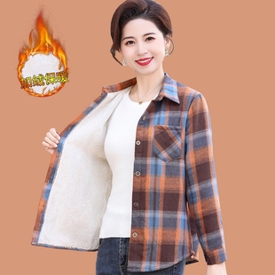 妈妈秋冬装格子衬衫加绒中老年女装保暖衬衣加厚上衣红色蓝色休闲