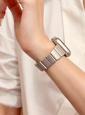 适用iwatch11苹果applewatchs10/s9竹节小蛮腰高级感钢表带s8/s740/45/41mm金属不锈钢蝴蝶扣表链夏金色银色