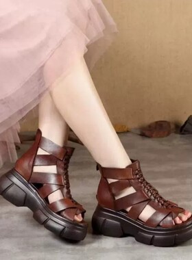意尔康心选夏季新款复古皮面厚底高帮凉靴女高跟镂空软皮凉鞋坡跟