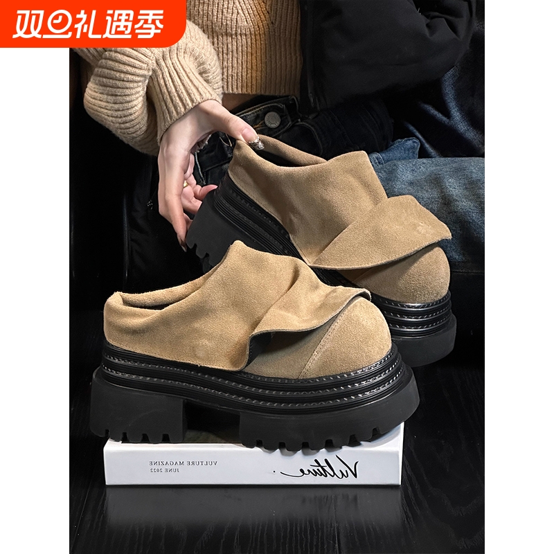 磨砂皮松糕厚底包头半拖鞋女外穿复古真皮百搭小个子增高勃肯拖鞋