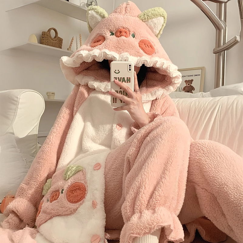 睡衣女款秋冬季珊瑚绒加绒加厚