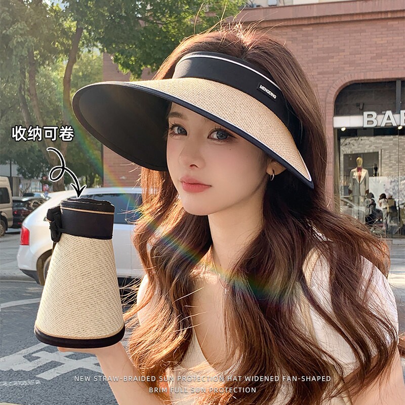 大帽檐防晒帽女夏季防紫外线沙滩草帽遮脸太阳帽子草编空顶遮阳帽