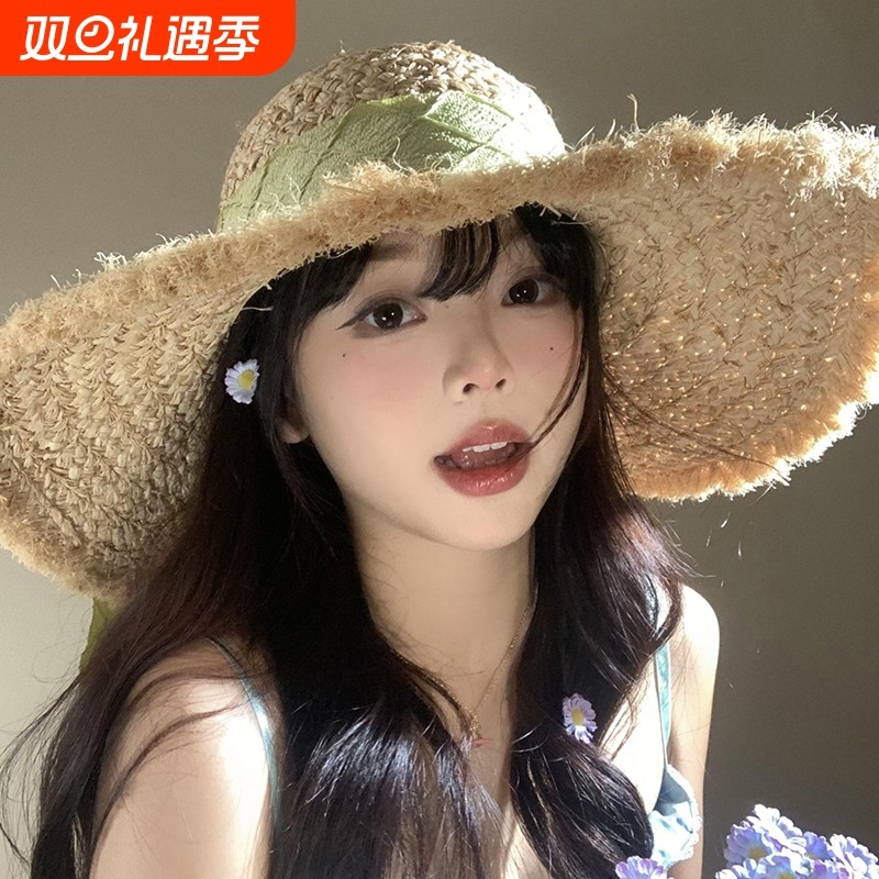 法式草帽女夏季大帽檐遮阳防晒帽海边沙滩度假编织帽子显脸小旅行