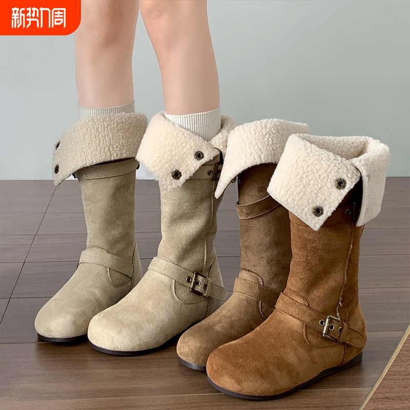 长筒靴女2025冬季加绒保暖棉鞋勃肯雪地靴白色毛绒绒面羊毛卡其色