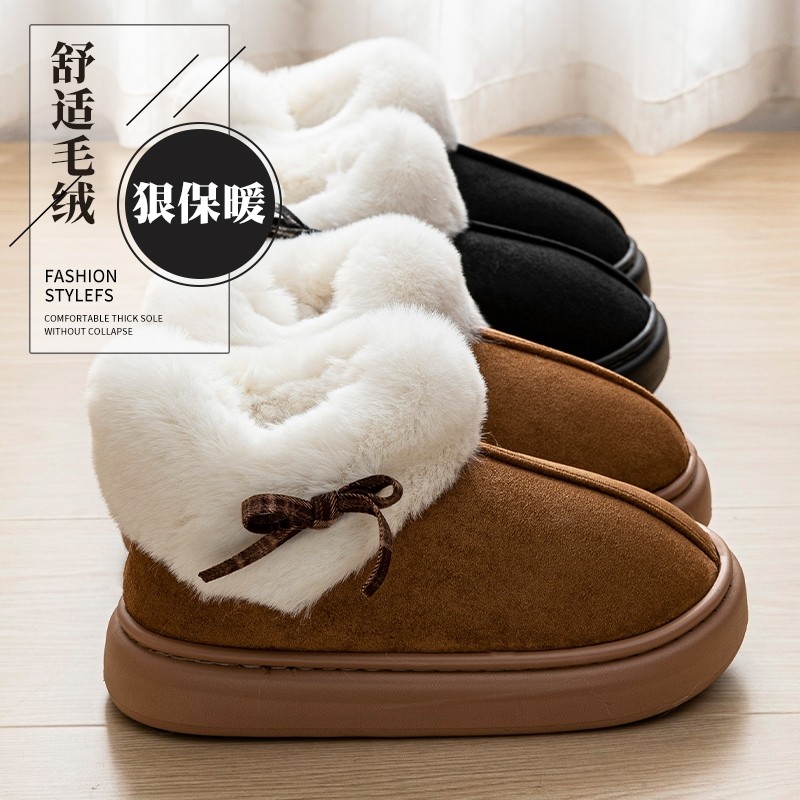 棉拖鞋女秋冬季2025新款保暖厚底毛绒雪地靴加绒防水外穿防滑灰色