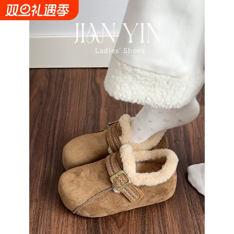 厚底内增高勃肯鞋女冬新款加绒保暖防滑包跟软底一脚蹬雪地棉鞋子