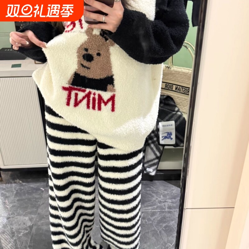 条纹小熊睡衣女冬季2025甜美珊瑚绒加厚保暖家居服两件套半边绒