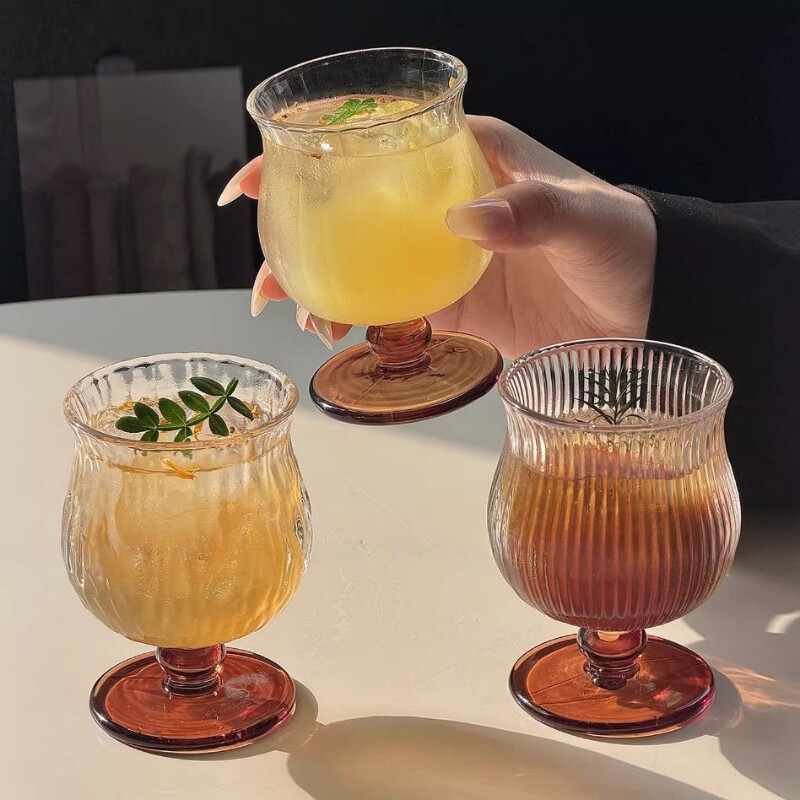 玻璃杯ins风小众复古矮脚饮品杯冷饮杯果汁杯美式咖啡杯中古便携图片