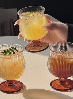 玻璃杯ins风小众复古矮脚饮品杯冷饮杯果汁杯美式咖啡杯中古便携