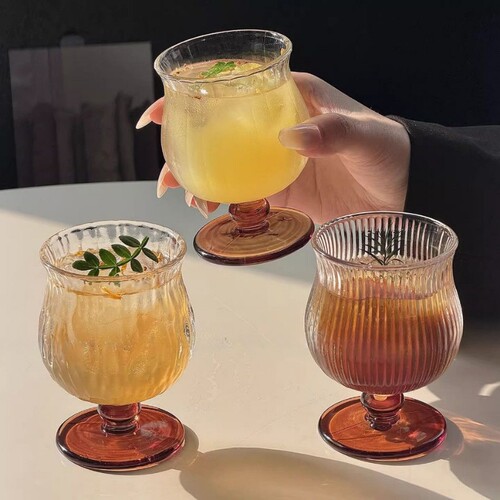 ins风小众复古矮脚玻璃杯饮品杯冷饮杯果汁杯美式咖啡杯中古便携