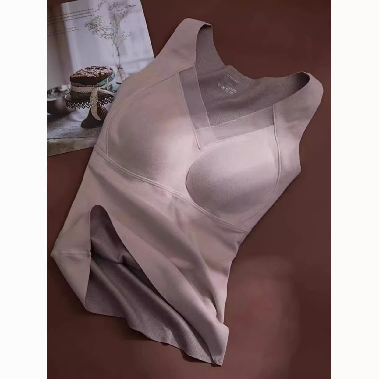 石墨烯德绒马甲一体式胸垫免穿文胸修身托胸性感网纱发热保暖背心