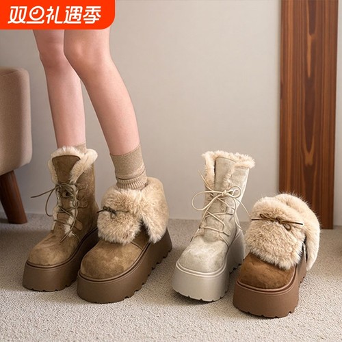 厚底增高大头勃肯鞋雪地靴女2025新款冬季加绒保暖毛毛短靴大棉鞋
