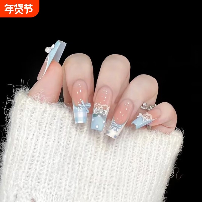 新年蓝色法式蕾丝花边手工穿戴甲显白蝴蝶结美甲可拆卸指甲贴片,彩妆/香水/美妆工具,穿戴甲/甲片,淘宝优惠券,粉丝福利购,淘宝优惠卷