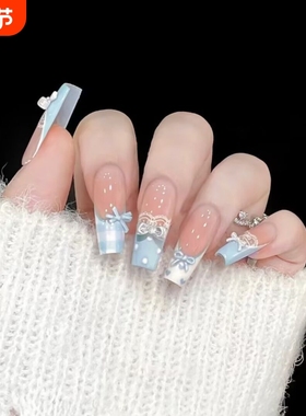 新年蓝色法式蕾丝花边手工穿戴甲显白蝴蝶结美甲可拆卸指甲贴片