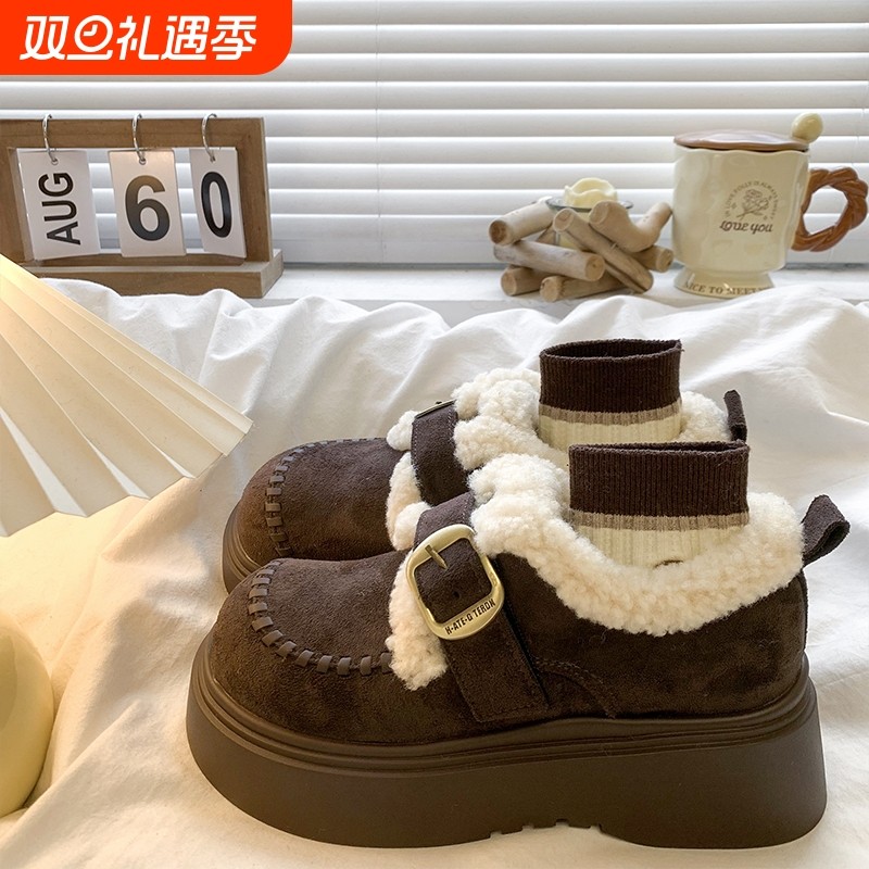 厚底加绒乐福棉鞋女2025秋冬新款保暖毛毛雪地靴英伦风小皮鞋灰色