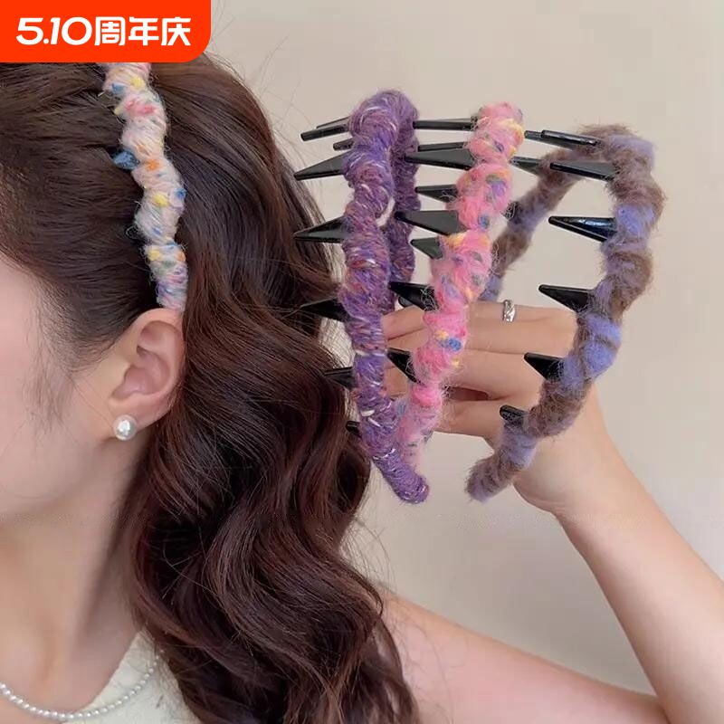 彩色毛线波浪发箍女蓬松发量高颅顶头箍秋冬洗脸带齿防滑压发发捆