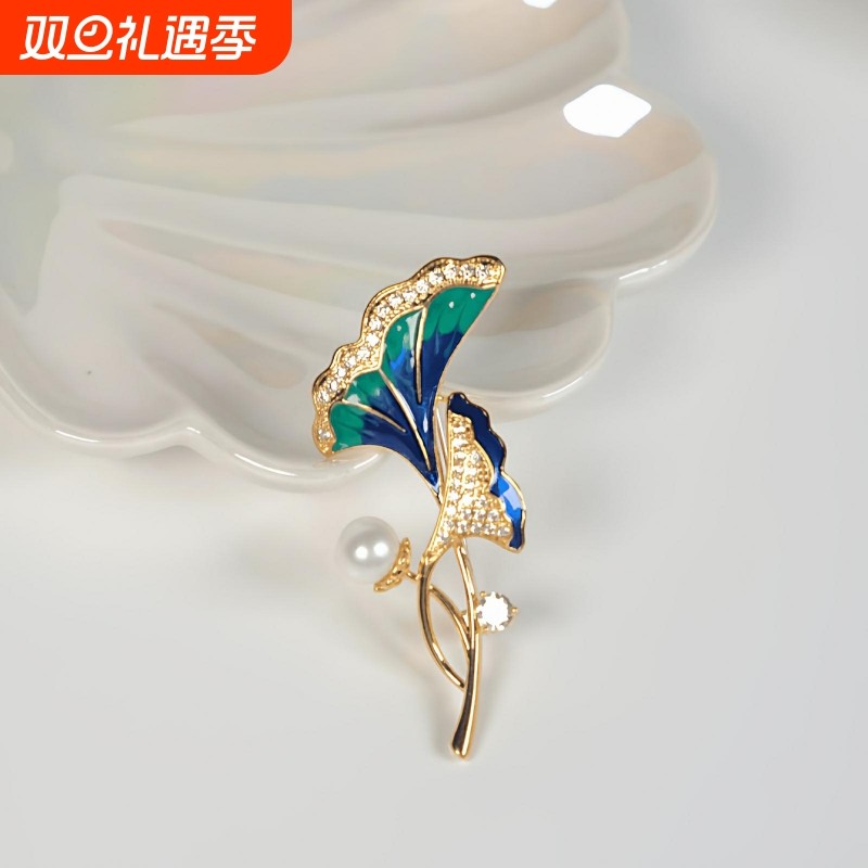 诸暨淡水珍珠胸针女珐琅银杏叶气质时尚防走光胸花高级感节日礼物