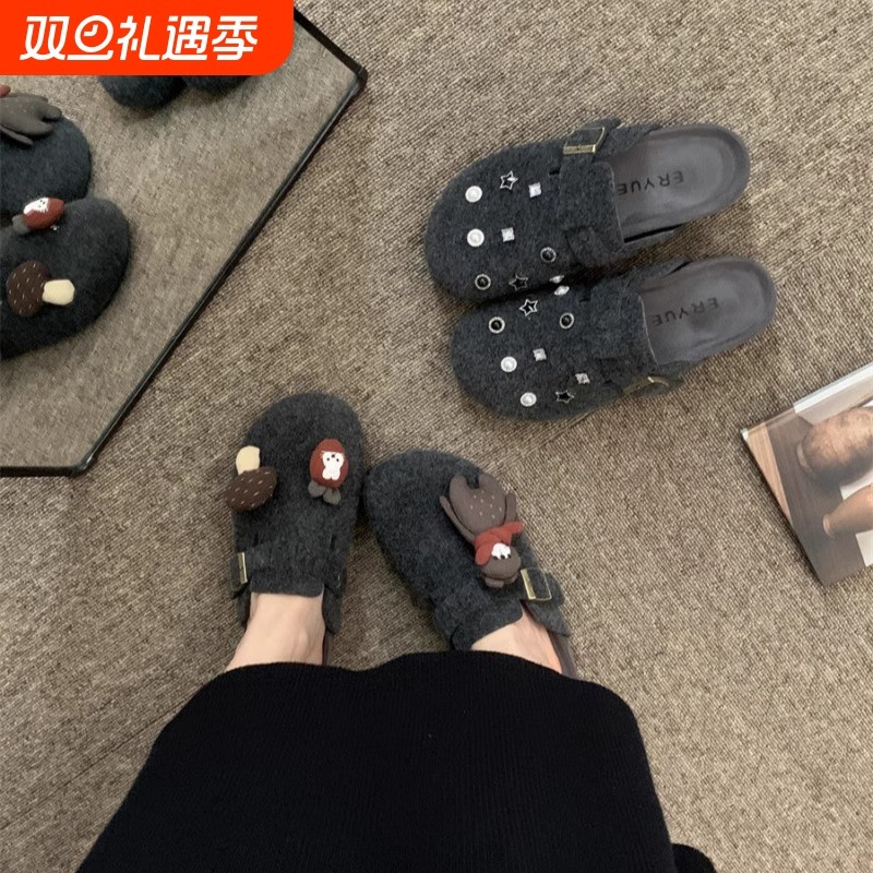 复古铆钉水钻灰色厚底增高勃肯鞋女2025秋季新款包头懒人半拖鞋