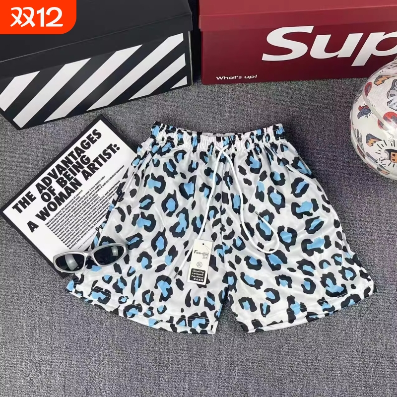 夏季速干男生短裤四分不过膝运动美式网眼透气豹纹篮球篮球裤闪电