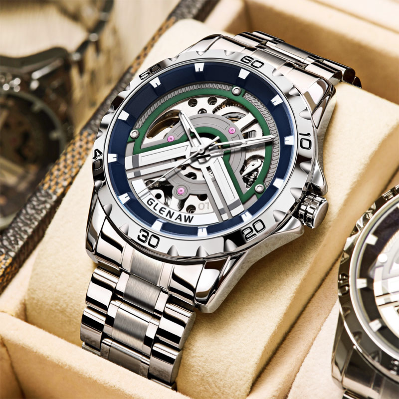 格伦glenaw全自动镂空机械手表国潮流男款防水学生夜光时尚男腕表
