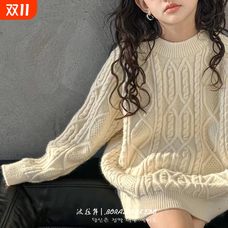 女童加厚保暖毛衣针织衫2025秋冬新款中大童宽松休闲打底衫潮白色