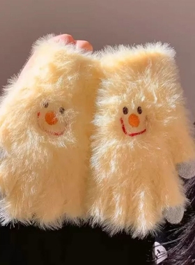 可爱黄色针织毛绒五指可触屏手套女冬季2025新款加绒加厚骑车保暖