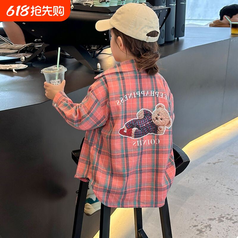 女童衬衫长袖格子薄款卡通超好看夏装2026新款防晒外套儿童装上衣