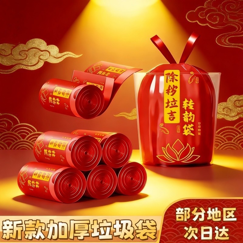 除秽拉吉转运塑料袋红色垃圾袋加厚家用手提式免撕抽绳式大号特厚