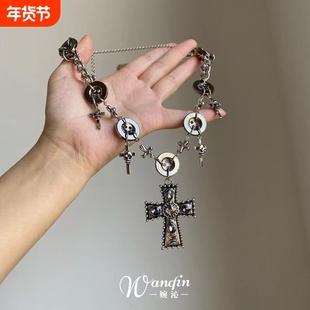 「黑暗契约」朋克风重工十字架纽扣项链亚文化小众个性哥特锁骨链