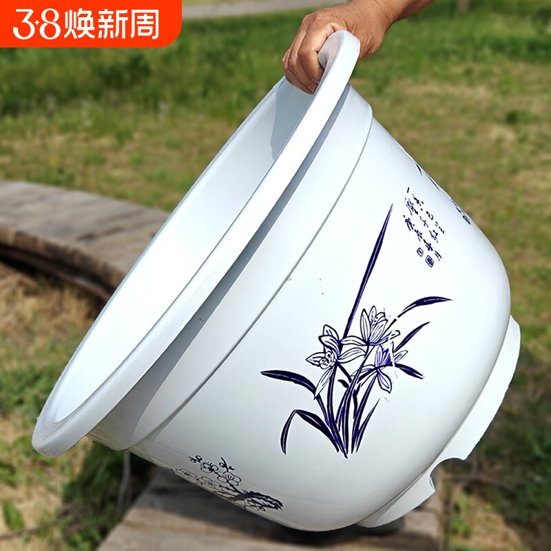 超大花盆圆形加厚耐用仿陶瓷无孔果树睡莲塑料盆带托盘养花底部