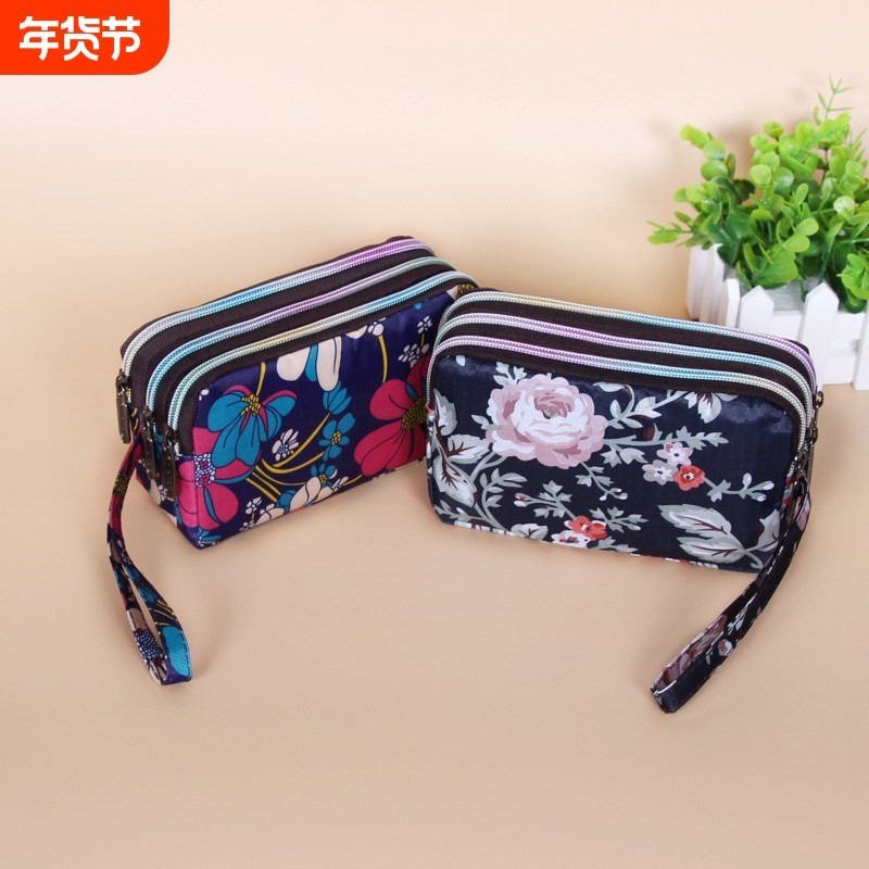 长款三层拉链手拿包 大容量帆布女士零钱包 日韩风格简约小包 牛