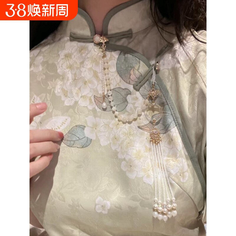 古风旗袍压襟莲花珍珠流苏蝴蝶吊坠汉服压襟胸前挂件装饰胸针配饰