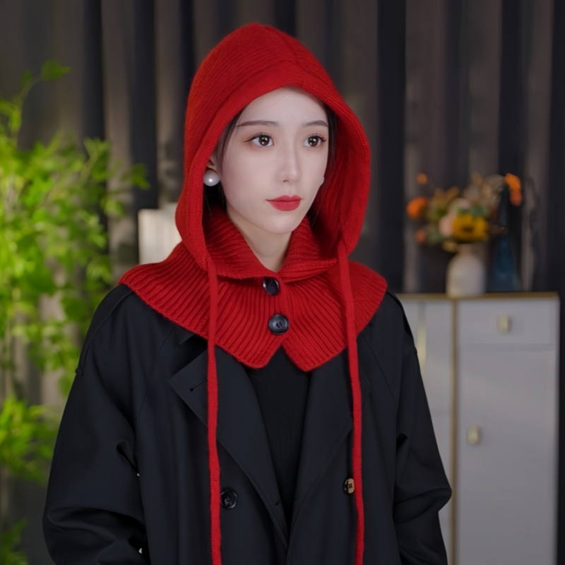 帽子女士冬2025新款毛线针织围脖一体巴拉克拉法帽冬季女款红色