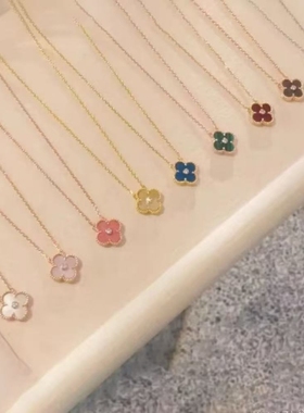 全新高定品质25圣诞限定幸运草项链粉贝母中钻18k蔷薇石玫瑰金