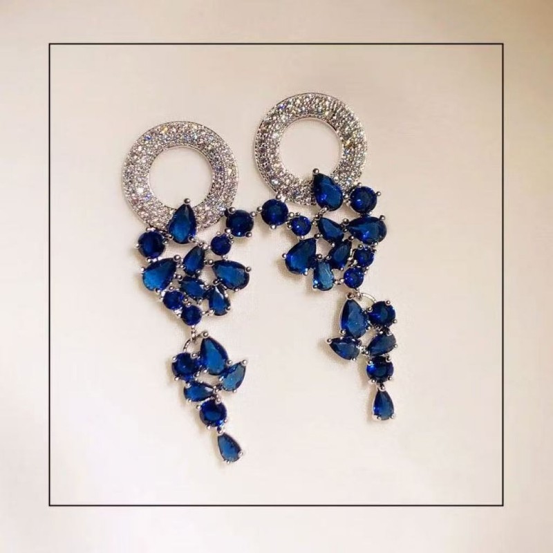 欧美复古蓝色闪钻耳环耳坠女日韩百搭蓝色流苏耳饰品长款流苏耳钉