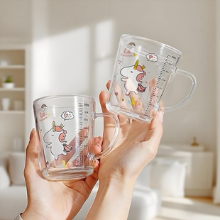 食品级玻璃水杯可加热带刻度的儿童专用喝泡牛奶粉杯子