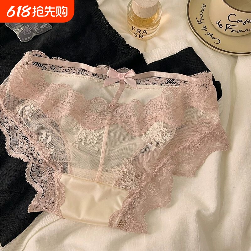 法式高级绸面浪漫蕾丝性感纯欲内裤女士背后镂空蝴蝶结女生三角裤
