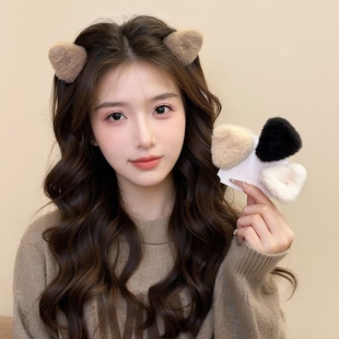 发卡毛绒公主头猫耳发夹毛茸茸小抓夹女秋冬发饰侧边夹子头饰短发