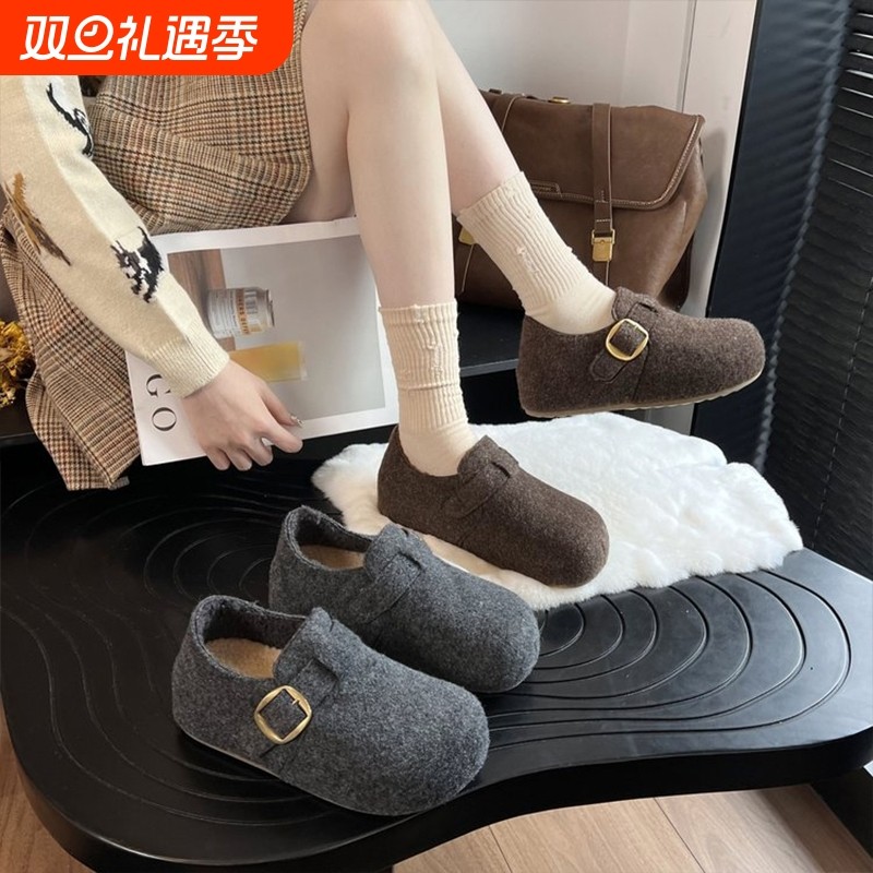 5cm～增高灰色加绒勃肯鞋女2025秋冬新款毛呢鞋小个子博肯鞋36-28
