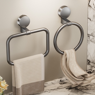 吸盘毛巾架免打孔壁挂卫生间浴室圆形方形擦手巾挂架太空铝毛巾环