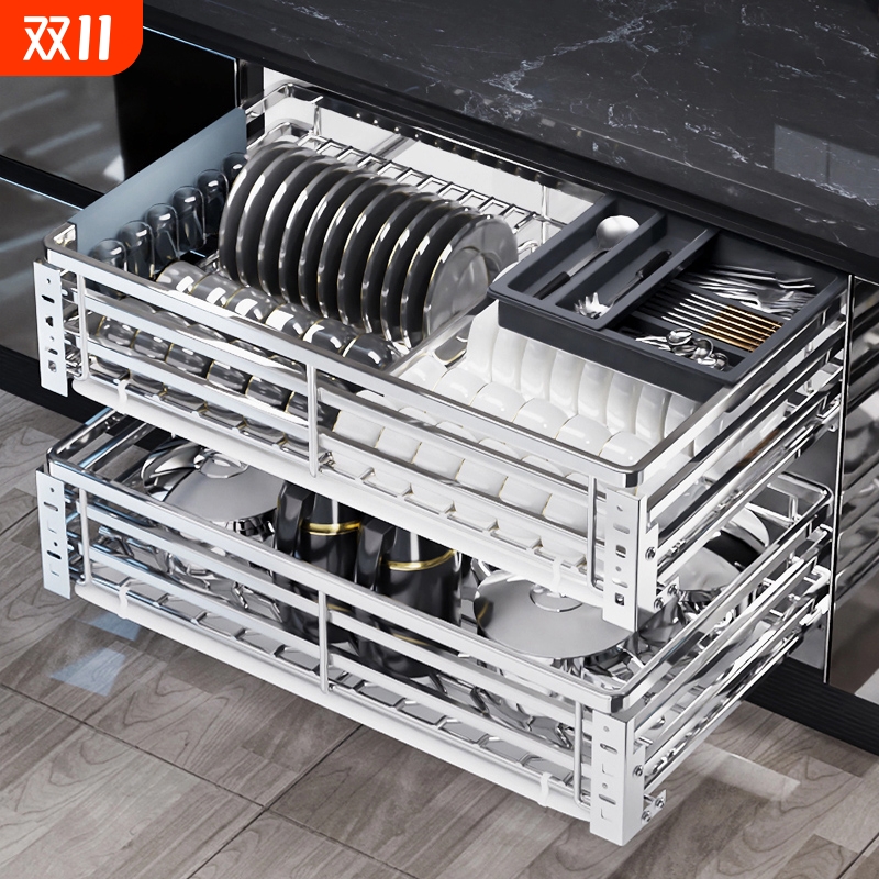 拉篮厨房橱柜304不锈钢双层抽屉式碗架碗碟篮碗柜厨柜碗篮碗筷