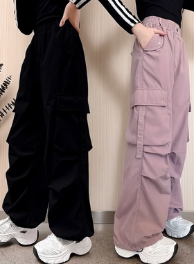女童裤子春季儿童宽松工装裤2026中大童女孩春夏装休闲裤黑色粉色