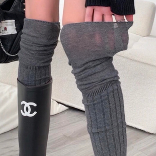 长筒膝盖堆堆袜子纯棉高筒防滑显瘦小腿长袜 白色过膝袜女春夏薄款