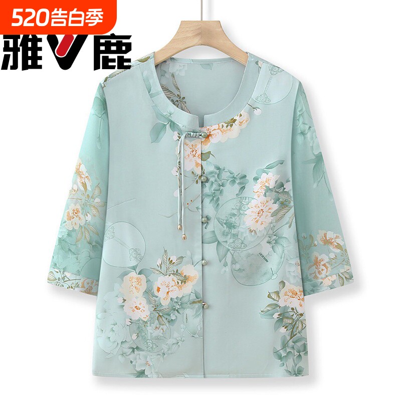 雅鹿妈妈夏装2026新款女中老年人T恤奶奶装短袖老太太上衣中国风